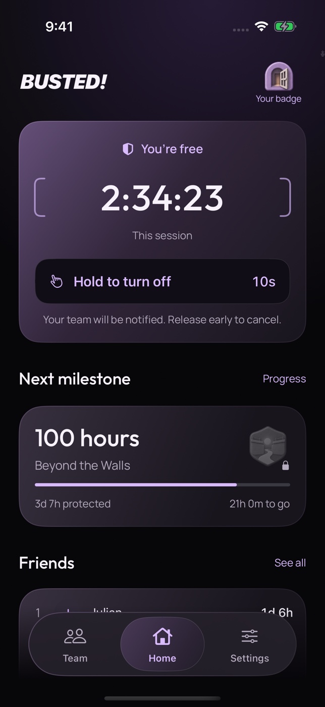Busted Home in dark appearance: protection is on, with a session timer, next milestone, and friends.